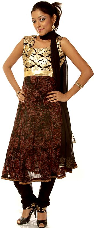 Black and Brown Printed Flaired Suit with Patchwork