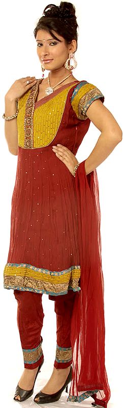 Maroon and Old-Gold Patchwork Choodidaar Suit with Sequins