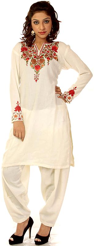 Ivory Two-Piece Kashmiri Salwar Kameez with Aari Embroidery by Hand