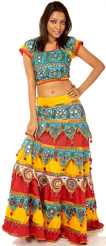 Tri-Color Ghagra Choli from Kutch with Large Sequins
