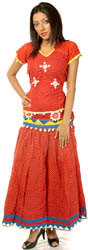 Red Block-Printed Two-Piece Lehenga Choli from Chhattisgarh with Cowries