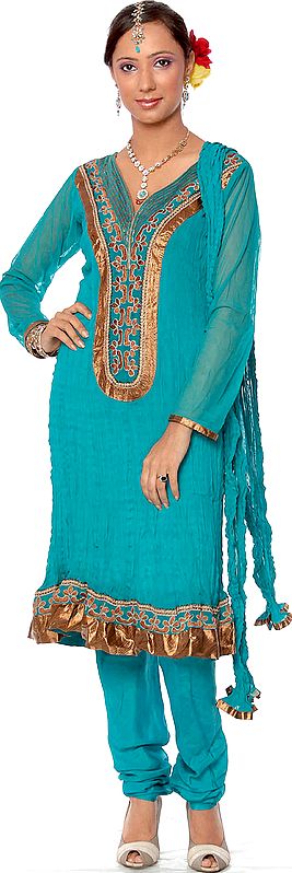Turquoise Chudidar Designer Suit with Patchwork