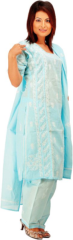Sky-Blue Salwar Kameez with All-Over Chikan Embroidery