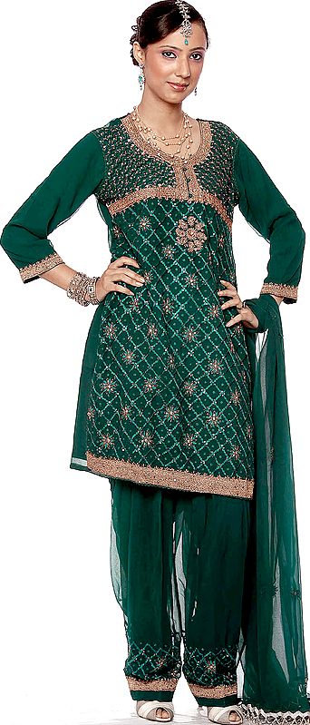 Bottle-Green Salwar Kameez Suit with Antique Beadwork and Sequins