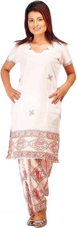 White Two-Piece Madhubani Salwar Kameez Suit with Hand-Painted Fishes