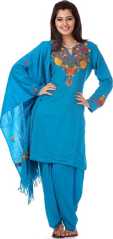 Turquoise Kashmiri Salwar Kameez with Aari Embroidery by Hand