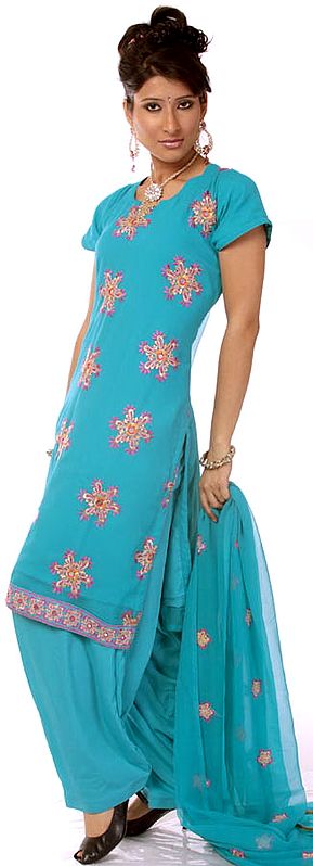 Turquoise Salwar Kameez with Aari-Embroidered Bootis and Mirrors