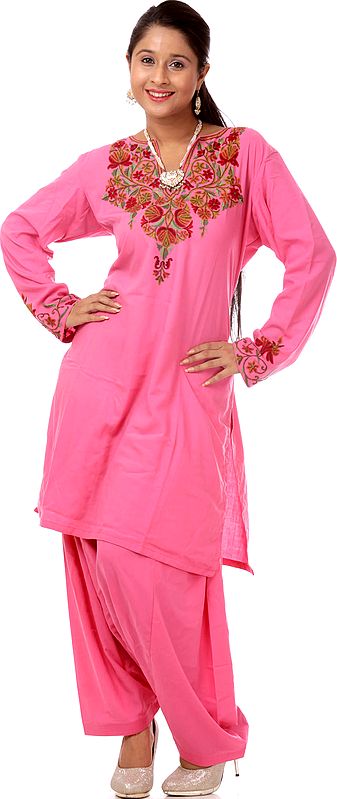 Pink Kashmiri Two-Piece Salwar Kameez Suit with Aari Embroidery by Hand