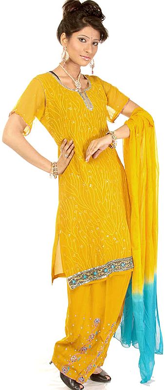 Spruce-Yellow Salwar Kameez Suit with Crewel Embroidery and Cyan Sequins