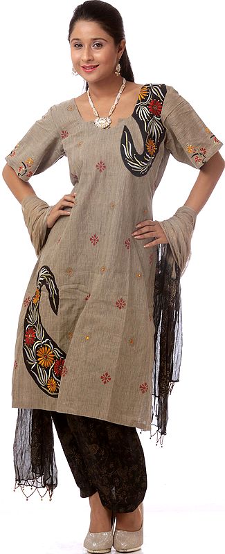 Gray Gujarati Paisley Salwar Kameez Suit with Sequins and Aari Embroidery