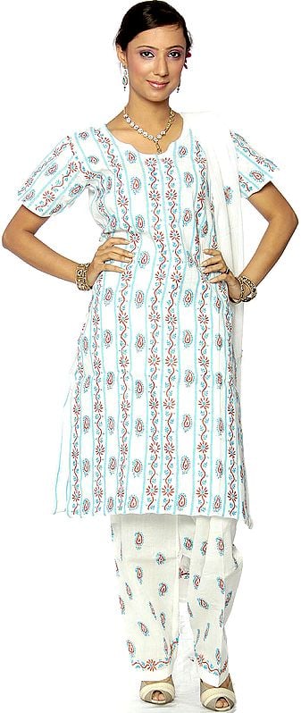 White Salwar Kameez with All-Over Lukhnavi Chikan Embroidery