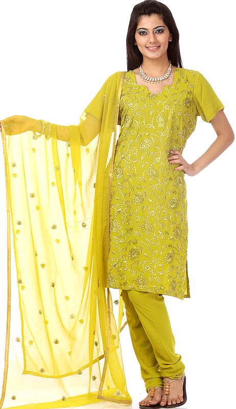 Golden-Olive Green Salwar Choodidaar Suit with Crewel Embroidery in Golden Thread