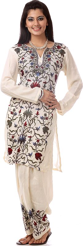 Ivory Kashmiri Salwar Kameez with Floral Embroidery by Hand