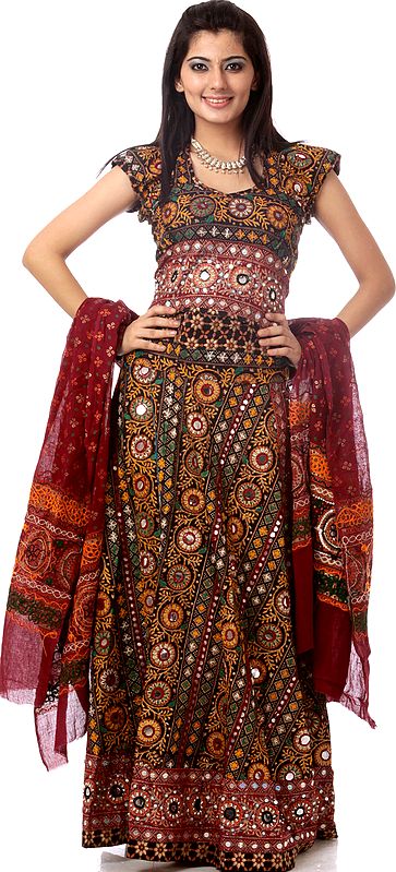 Maroon Ghagra Choli from Kutch with Embroidered Sequins and Embroidery