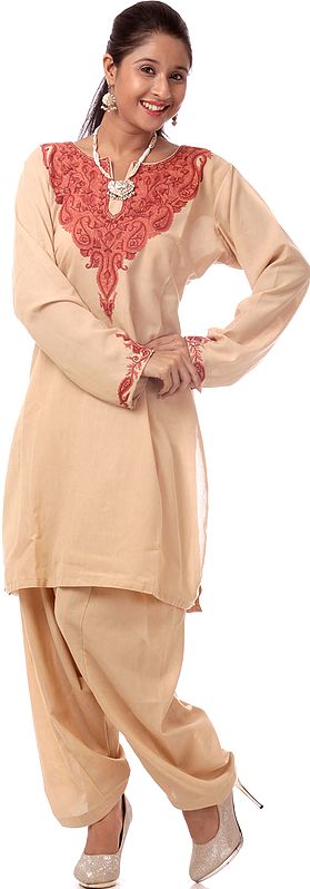 Khaki Kashmiri Two-Piece Salwar Kameez Suit with Aari Embroidery by Hand