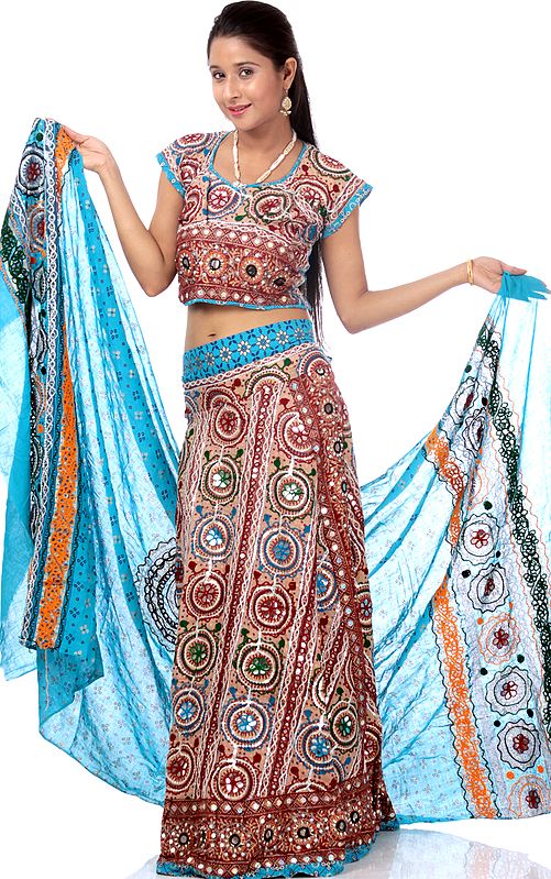 Robin-Egg Blue Ghagra Choli from Kutch with Embroidered Sequins and Embroidery