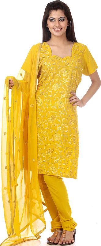 Mineral-Yellow Salwar Choodidaar Suit with Crewel Embroidery in Golden Thread