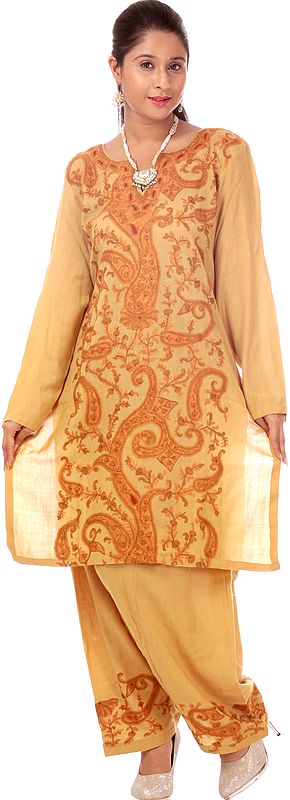 Khaki Two-Piece Salwar Kameez from Kashmir with Hand-Embroidered Paisleys