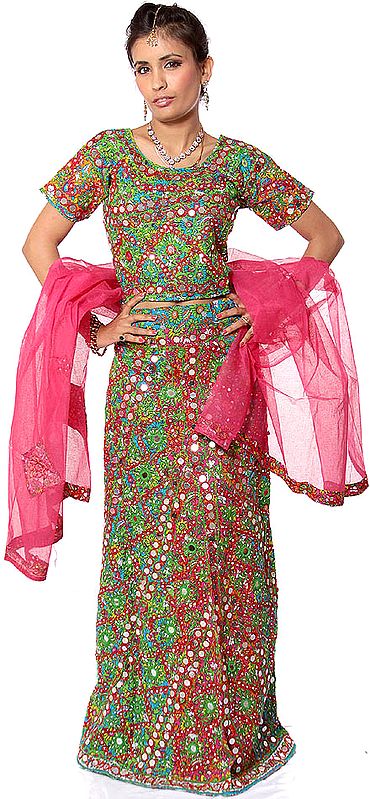 Green and Pink Printed Chaniya Choli from Rajasthan with Mirrors and Embroidery