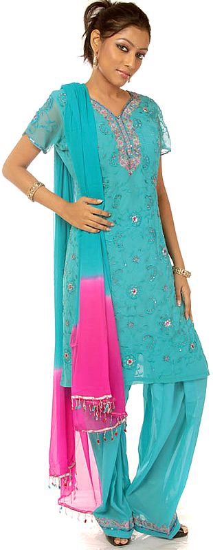 Turquoise Salwar Kameez with Aari-Embroidered Bootis and Beads