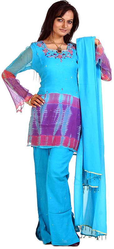 Vivid-Blue Parallel Suit with Sequins, Beads and Floral Embroidery