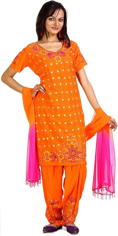 Vermillion-Orange Salwar Suits with Golden-wire Embroidery and Sequins