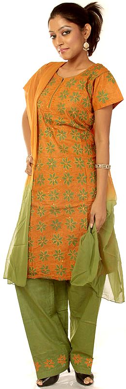 Rust-Brown and Forest-Green Salwar Kameez with Floral Patchwork and Sequins