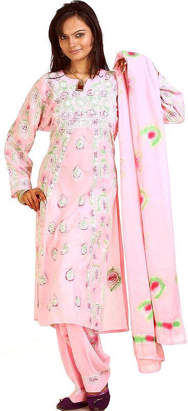 Quartz-Pink Salwar Kameez with Floral Lukhnavi Chikan Embroidery