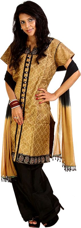 Beige and Black Woven Salwar Kameez Suit with Paisley Embroidery on Collar