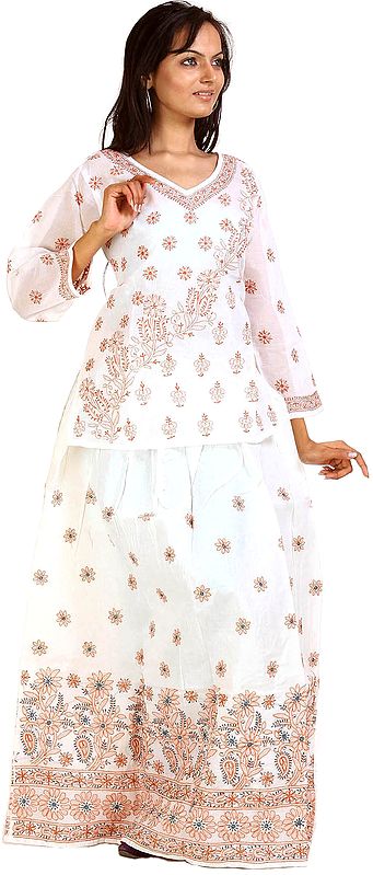 White Two-Piece Ghagra Choli with All-Over Lukhnavi Chikan Embroidery
