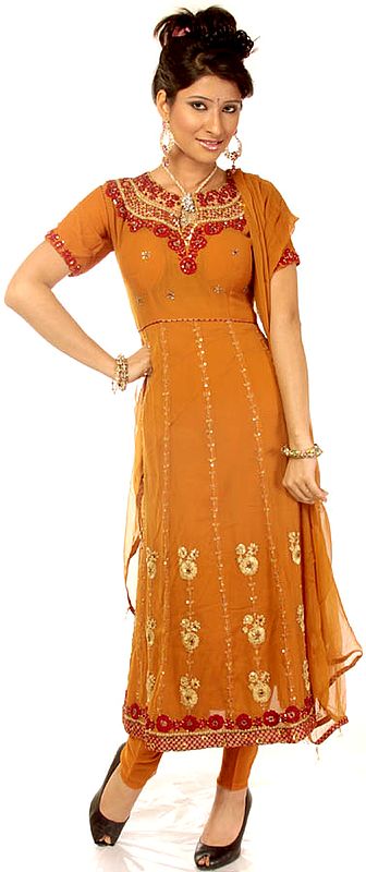 Brown Anarkali Suit with Embroidered Sequins and Beadwork