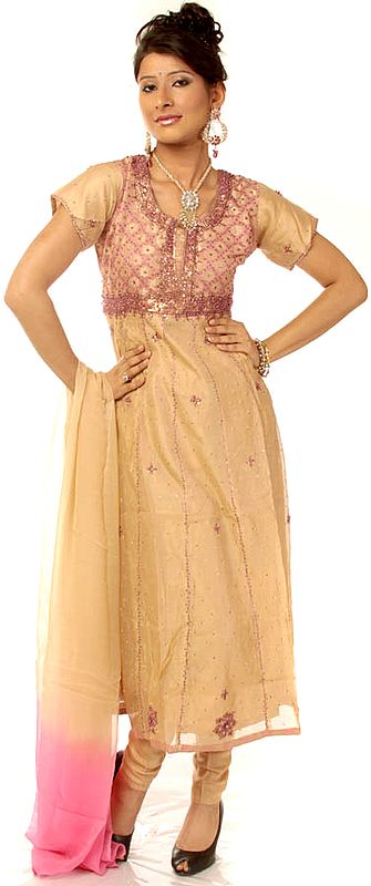Khaki and Pink Salwar Suit with Beadwork and Sequins