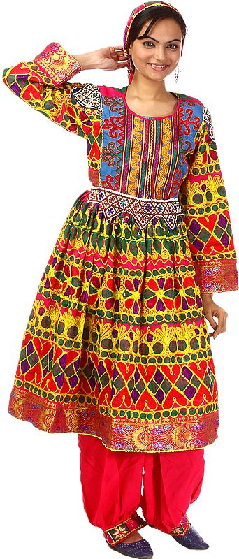 Afghan Suit with Flared Skirt, Multi-Coloured Embroidery and Bead-Work