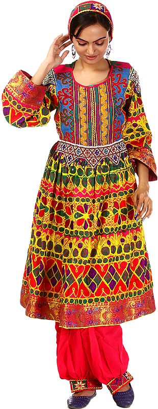 Afghan Suit with Flared Skirt, Multi-Coloured Embroidery and Bead-Work ...