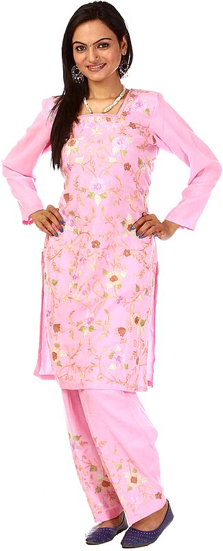 Pink Two-Piece Kashmiri Salwar Kameez with Floral Embroidery
