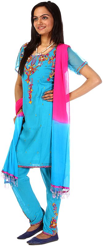 Turquoise Choodidaar Suit with Beadwork and Embroidery