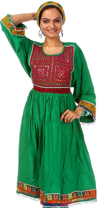 Islamic-Green Flaired Suit from Afghanistan with Threadwork and Mirrors on Neck