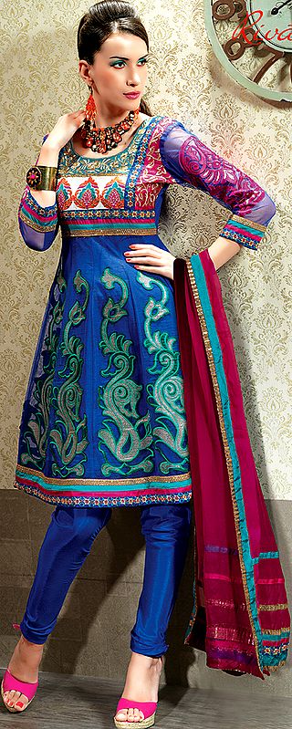 Royal Blue Designer Flaired Suit with Crewel-Embroidery