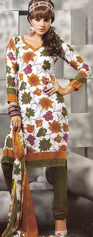 Ivory Floral Printed Salwar Kameez Suit with Self Weave