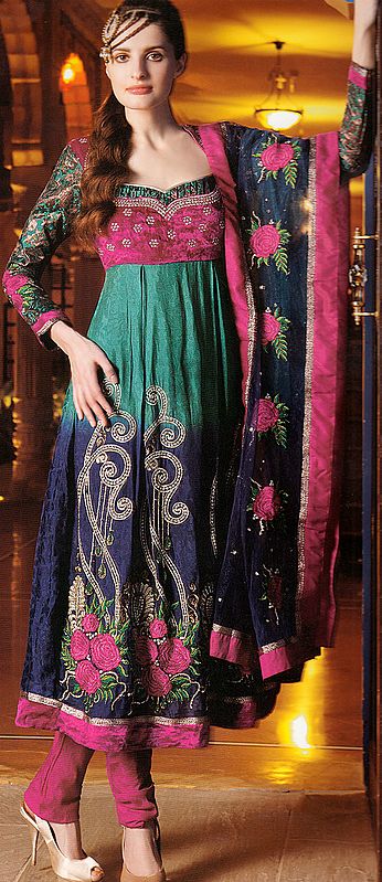 Tri-Color Designer Anarkali Suit with Crewel-Embroidered Flowers and Beadwork