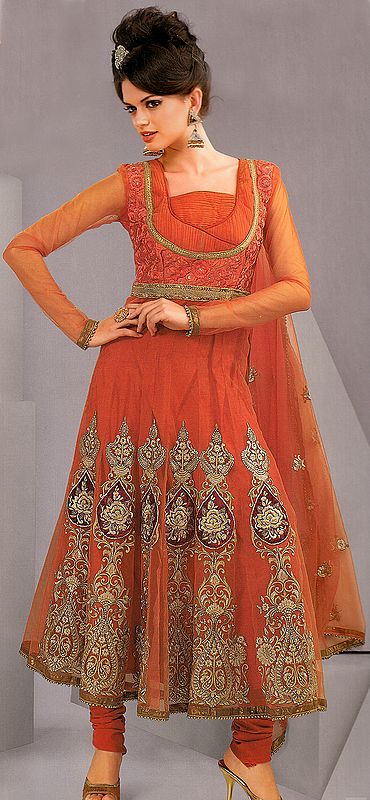 Burnt-Orange Flaired Salwar Suit with Antique Embroidery and Sequins