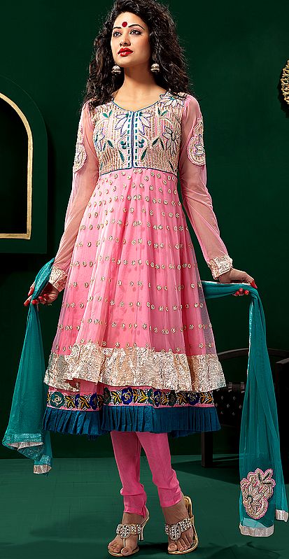 Pink Wedding Anarkali Salwar Suit with Floral Embroidery and Sequins