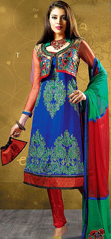 Royal Blue and Red Designer Salwar Suit with Crewel-Embroidery and Bolero Jacket