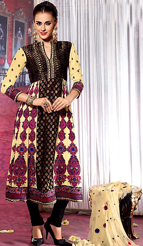 Powder-Yellow and Black Designer Flaired Suit with Crewel-Embroidery and Brocade Weave