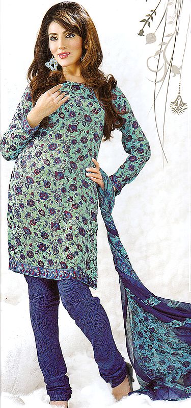 Aqua Chooidaar Suit with Floral Print and Self Weave