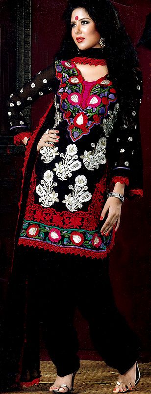 Black Designer Salwar Kameez Suit with Crewel-Embroidered Flowers All-Over
