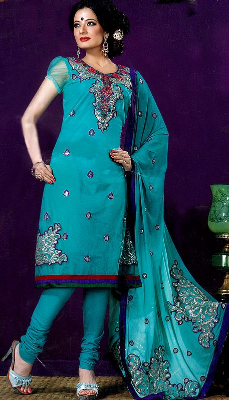 Cyan Choodidaar Suit with Floral Aari Embroidery and Sequins