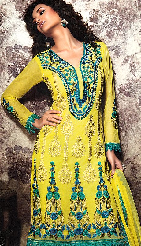 Yellow Salwar Kameez Suit with Aari-Embroidered Flowers All-Over