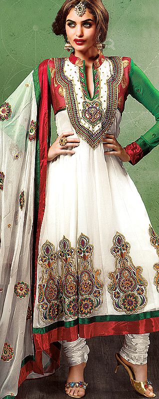 Ivory Choodidaar Wedding Suit with Crewel-Embroidery and Sequins
