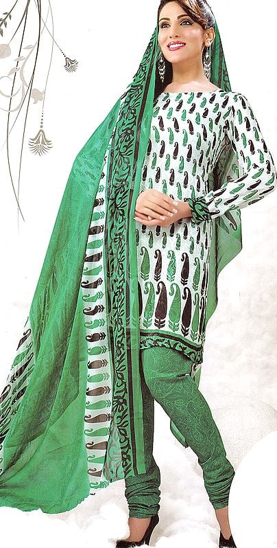 Cream Choodidaar Suit with Self Weave and Printed Paisleys in Black and Green